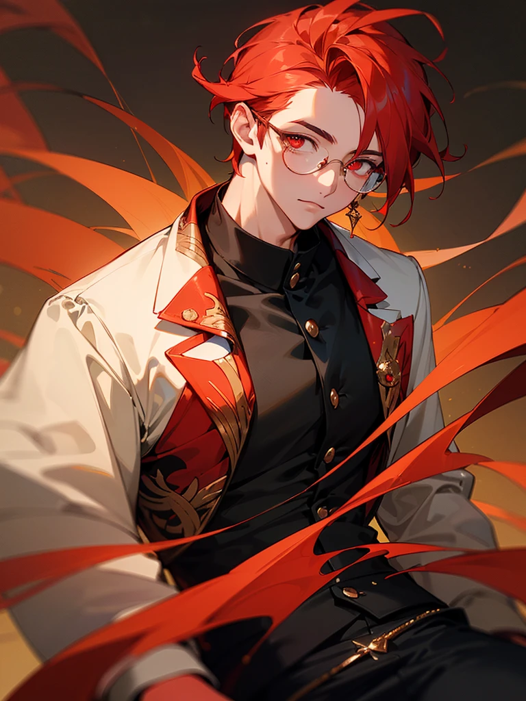 (stunning masterpiece:1.4), (top-tier quality:1.4), (unbelievably high-resolution:1.2), (1 handsome male), with vibrant red hair, freckles on his face, and captivating red and blacm multicolored eyes. He is dressed in a stylish red and black outfit:1.2), wear glasses, light brown skin