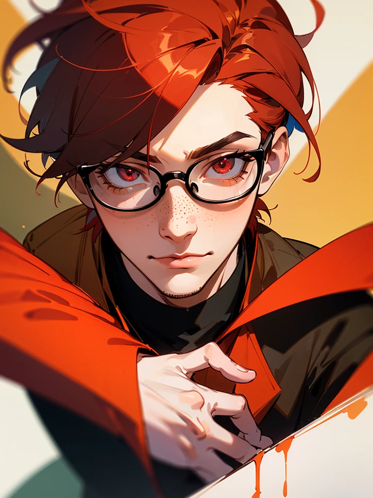 (stunning masterpiece:1.4), (top-tier quality:1.4), (unbelievably high-resolution:1.2), (1 handsome male), with vibrant red hair, freckles on his face, and captivating red and blacm multicolored eyes. He is dressed in a stylish red and black outfit:1.2), wear glasses, light brown skin