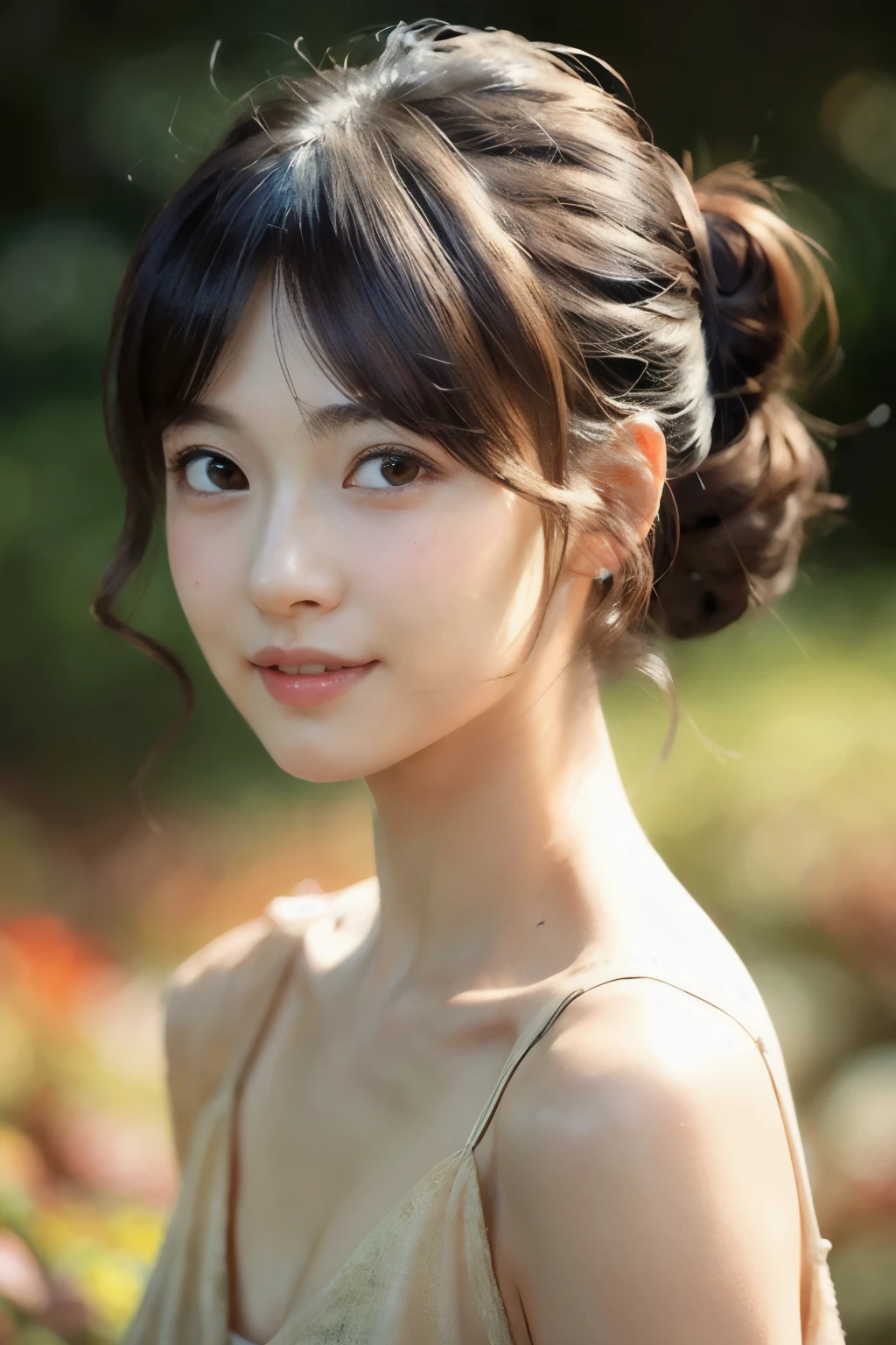 (ultra-detailed CG artwork), (photorealistic), (Japanese woman), (23 years old), (beautiful and cute appearance), 1girl, solo, portrait, gentle expression, friendly personality, hairstyle updo, bangs swept to the right, standing, soft natural lighting, serene background,