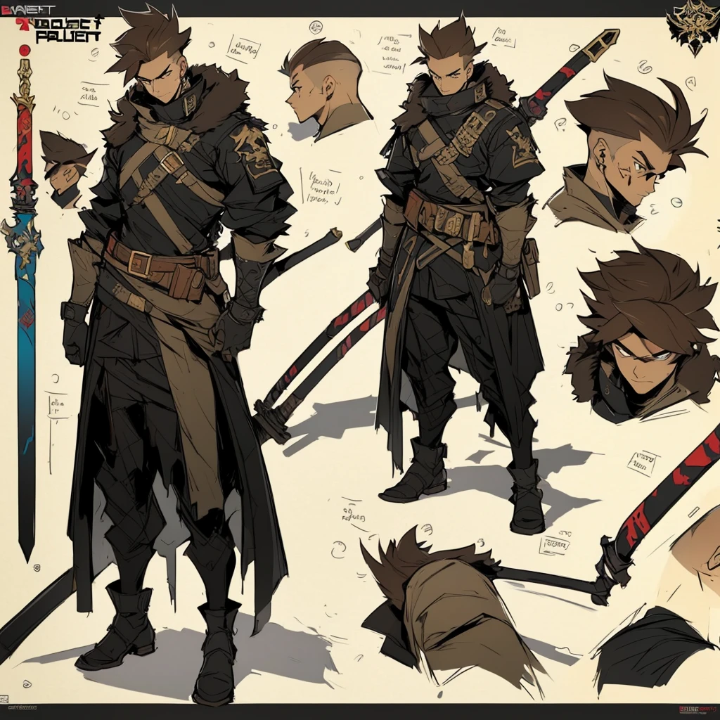 Close-up of a man in a Assasin's Creed costume, ((character concept art)), ((Character design sheet, same character, on front, from on the side, At the back)) Character image, Medieval game character design, Medieval game character design, hair color: Brown with gold parting, Age: Young, eyecolor: Brown, He wears gloves on his hands, Wears boots. During the use of certain abilities, A helmet is formed on the head of a dragon. He has a code name around his neck, expert high detail concept art, Concept art of a metal bullet, Fun character design. ConceptArt, belt buckle at the waist,Medieval style weapons,