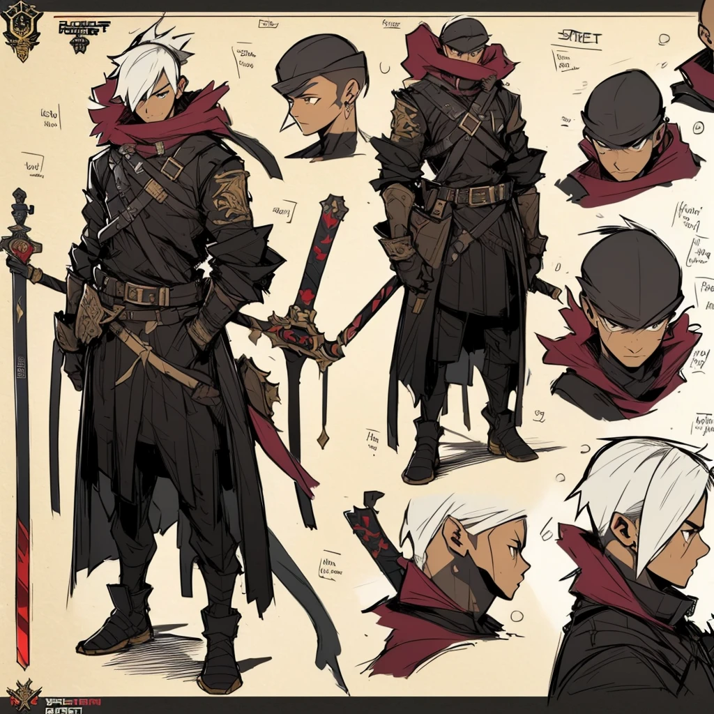 Close-up of a man in a Assasin's Creed costume, ((character concept art)), ((Character design sheet, same character, on front, from on the side, At the back)) Character image, Medieval game character design, Medieval game character design, hair color: Brown with gold parting, Age: Young, eyecolor: Brown, He wears gloves on his hands, Wears boots. During the use of certain abilities, A helmet is formed on the head of a dragon. He has a code name around his neck, expert high detail concept art, Concept art of a metal bullet, Fun character design. ConceptArt, belt buckle at the waist,Medieval style weapons,