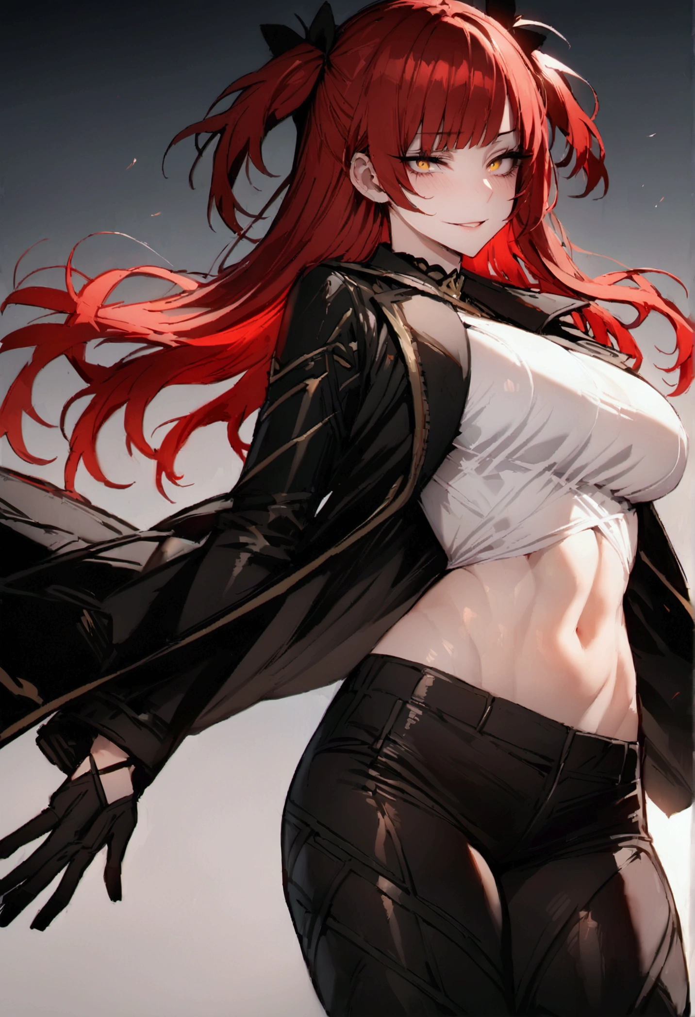 masterpiece, best quality 1girl, solo, beautiful woman, messy bangs, red hair, long hair, hair two side up by black bows , yellow eyes, grin, large breasts, toned stomach, white tank top, black coat, figureless black gloves, black pants, fantasy looking at viewer