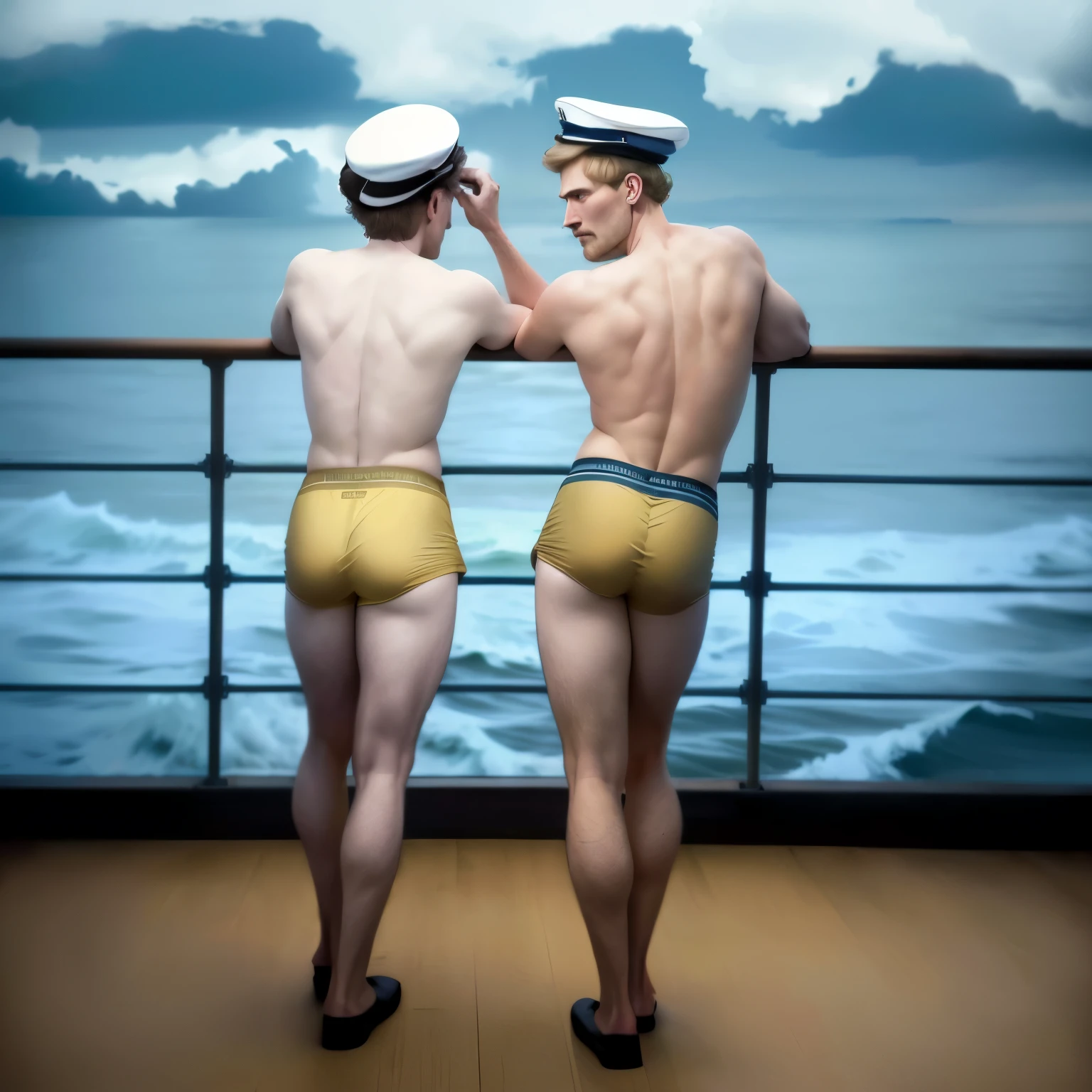 they are two men in underwear standing on a deck looking at the ocean, by Alison Geissler, on the deck of a ship, hugh kretschmer, award winning colorized photo, erwin olaf, colorized, inspired by Brothers Hildebrandt, photography alexey gurylev, inspired by Carl Eugen Keel, ( ( mads berg ) )