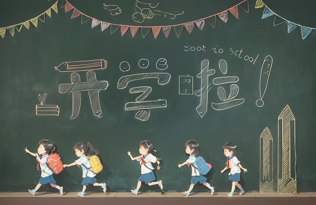 there are four children walking in front of a chalk board, by Liao Chi-chun, detailed school background, school class, illustration!, highschool background, by Li Mei-shu, by Chizuko Yoshida, classroom background, children illustration, children\'s book drawing, an illustration, overlaid with chinese text, by Bernardino Mei, chalk digital art
