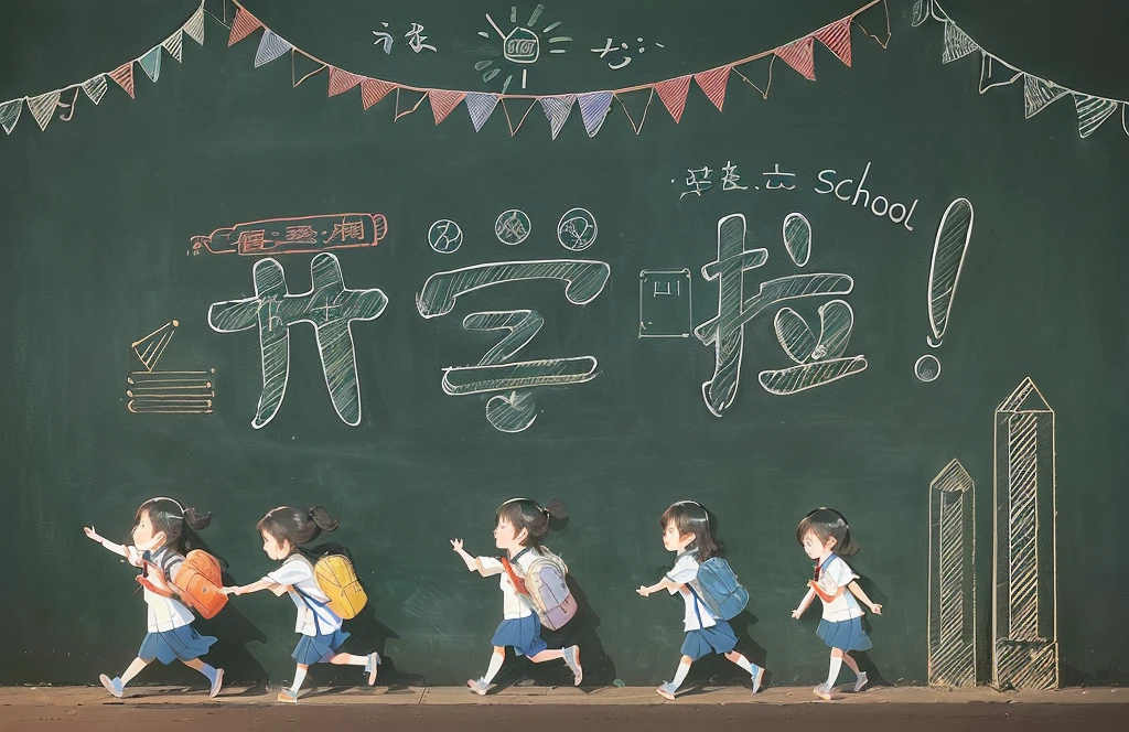 there are four children walking in front of a chalk board, by Liao Chi-chun, detailed school background, school class, illustration!, highschool background, by Li Mei-shu, by Chizuko Yoshida, classroom background, children illustration, children\'s book drawing, an illustration, overlaid with chinese text, by Bernardino Mei, chalk digital art