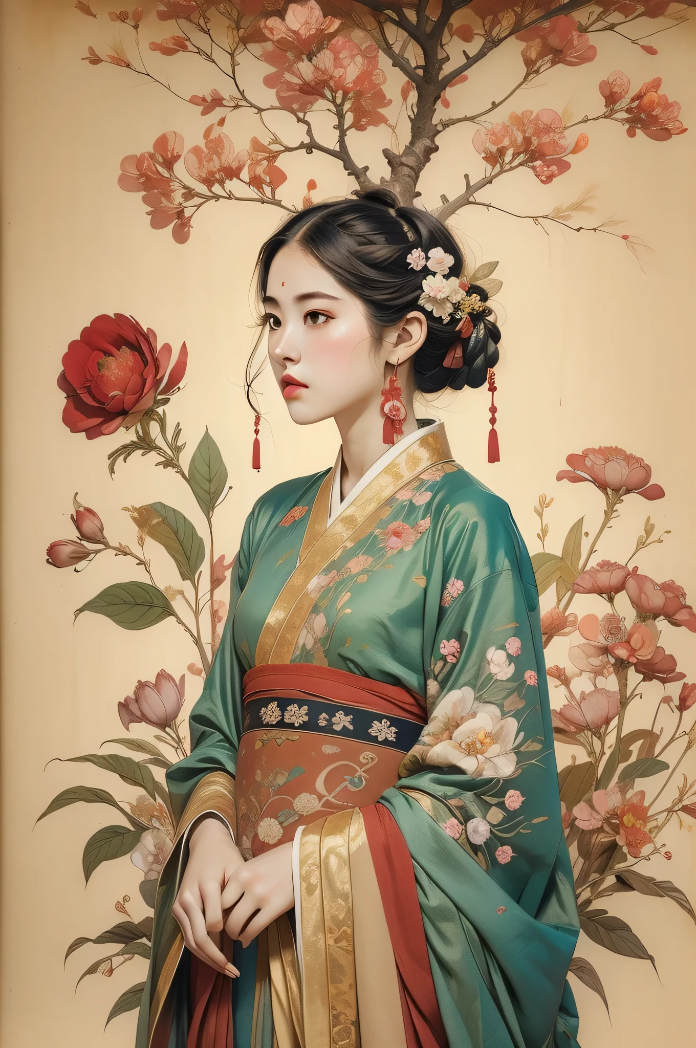 Ambilight,masterpiece,ultra-high quality,(ultra detailed original illustration),((hanfu fashion)),clean cloth,flower blossom background,double exposure,fussion of fluid abstract art,(original illustration composition),( fusion of limited color, maximalism artstyle, geometric artstyle, junk art), 