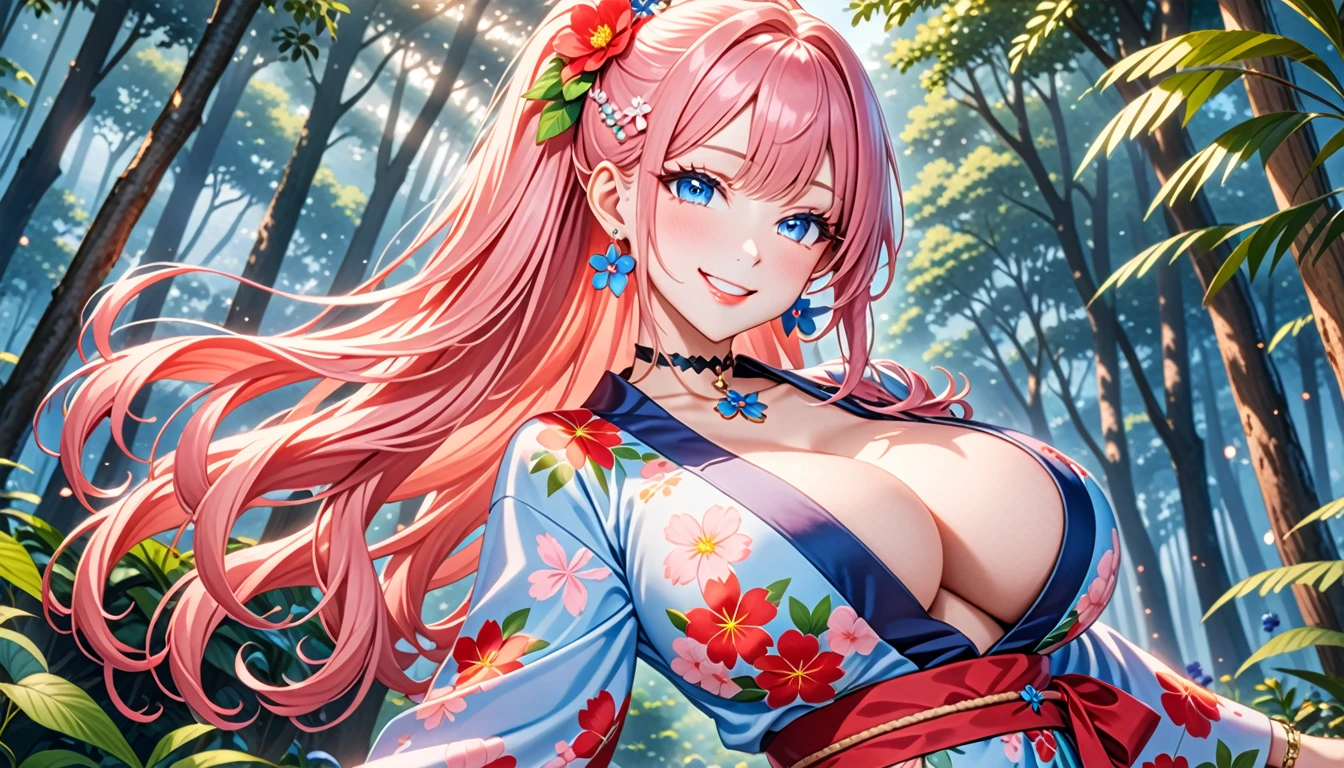 ultra-detailed, ((one girl)), (portrait), (pale skin:1.4), in pastel colors gyaru, (heavy makeup), (professional lighting) hyper detailed, absurdres, 8k, Beautiful Face, (Laugh shyly), ((teasing smile:1.8)), ((happy smile:1.2)), ((Wink:1.6)), (Laugh with your mouth wide open),((Tilt your face:1.6)), View your viewers, ((Bright red cheeks:1.6)),Glossy Red Lips, ((huge breasts:1.6)), noon,summer, Green tree々, In the mysterious forest, ((Anime style background)),masterpiece, Highest quality, (Brighten your face), so beautiful,Latest, Complex details, (Pink long nails), (nail art), (ring),(bracelet), (Floral Choker),AI-generated, Complex,High resolution, Highest quality, super high quality,3D Images、3D Images,One person,Pastel pink long hair,(High Ponytail), (wavy hair:1.3), Pastel anime woman posing for a photo, ((Fine grain、blue eyes、glowing eyes:1.4)), (Squint your eyes:1.1),a hyperRealistic , hyperRealistic , Realistic,Anime woman with long pastel pink hair, Smooth anime CG art, A girl in a gorgeous pastel-colored kimono, ((Pastel colored long sleeve kimono)),(Pink large floral pattern), (sideboob), Long flower hair ornament,Floral Earrings, Mature Body, tall,Narrow waist, ((dutch angle)),