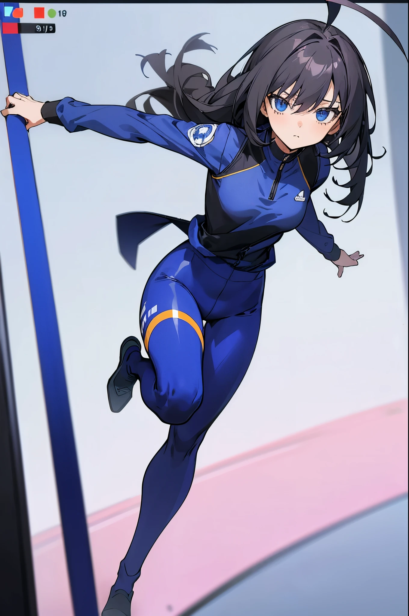 screenshot of anime blue lock, oc girl, female of medium low height, black full body uniform pants and long sleeve t-shirt, short wavy shoulder length, hair brown color, ahoge, blue eyes with lilac tones, ., isagijersey, sportswear, blue shorts, isagiuniform, bodysuit, isagitracksuit, blue shirt, blue pants