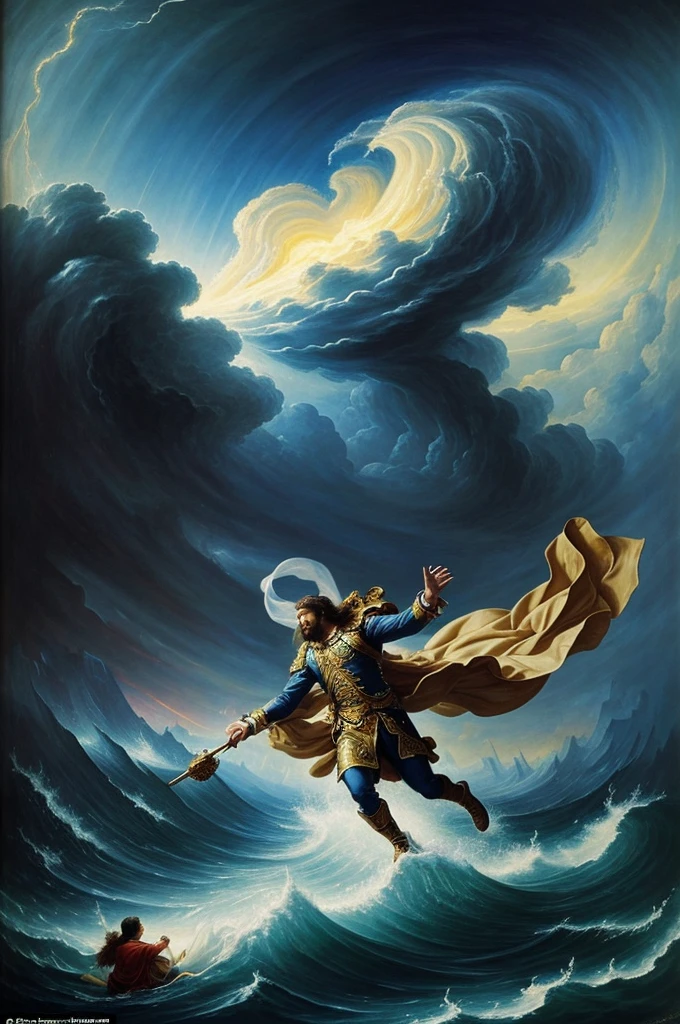 Realistic masterpiece of man being swept away by a very realistic spectral tornado great handling high contrast maximum quality visual impact baroque painting style