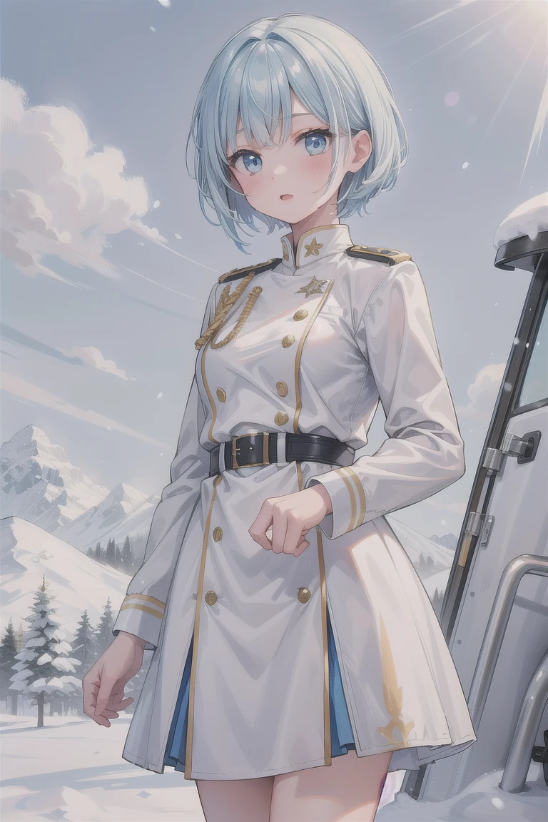 girl, white military uniform, sky light blue short wave hair, ice, snow