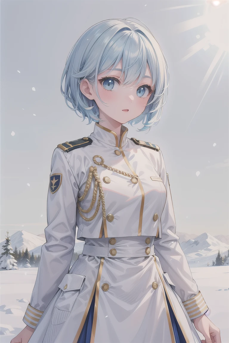 
girl, white military uniform, sky light blue short wave hair, ice, snow