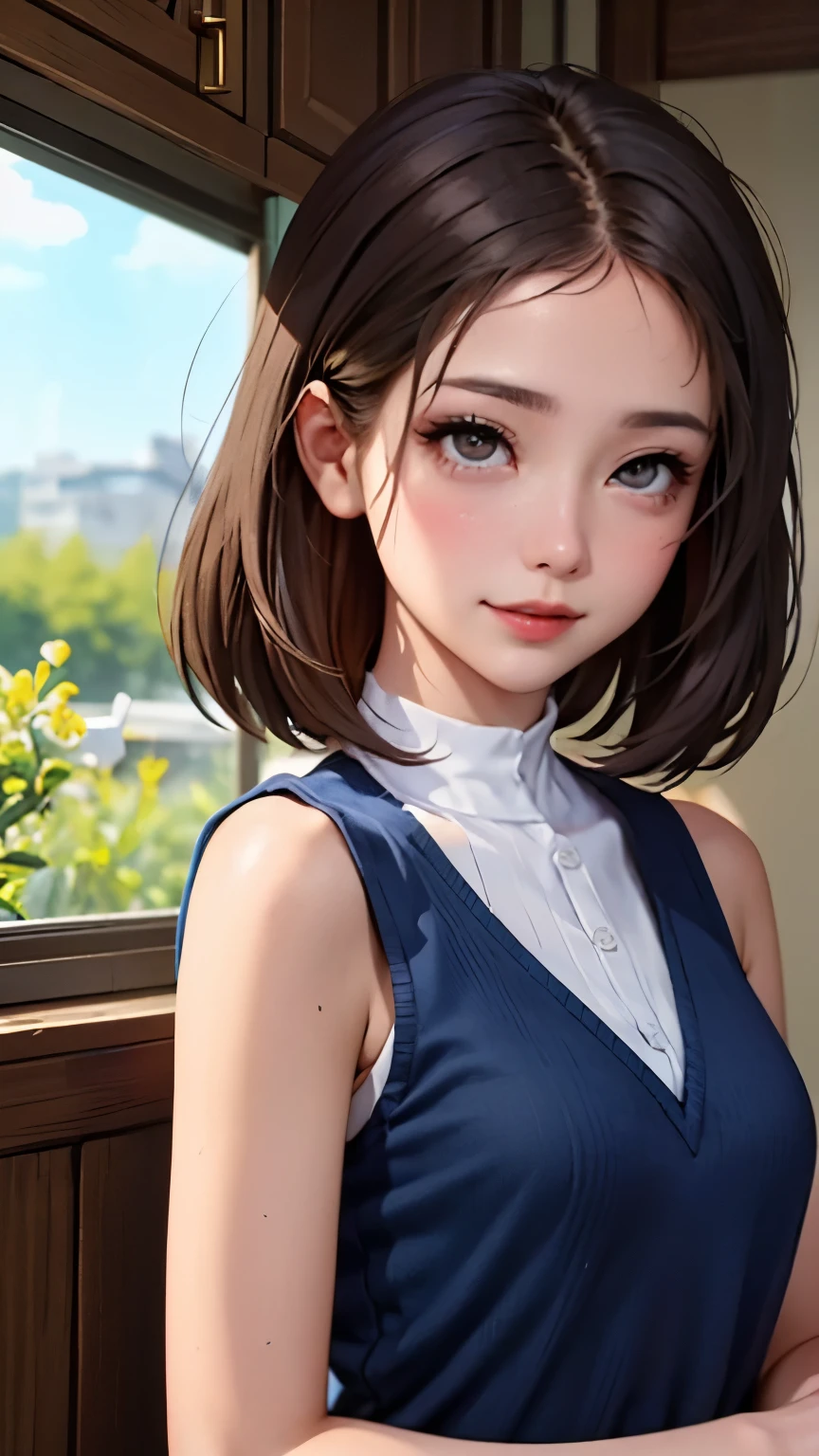 blush a little and smile, (Top quality masterpiece:1.2) Delicate illustrations, Very detailed, /Beautiful Japanese Women、1 person,Very cute and slim、Great style 、((8K images、super high quality))、Very delicate face, Skin and Hair、beautifule forehead、Red lipstick、(((((Medium Hair、Light brown hair、lure))))),Very cute Japanese cut face、Eyes and nose are clearly visible、Kind eyes,((((Sleeveless fashion))))