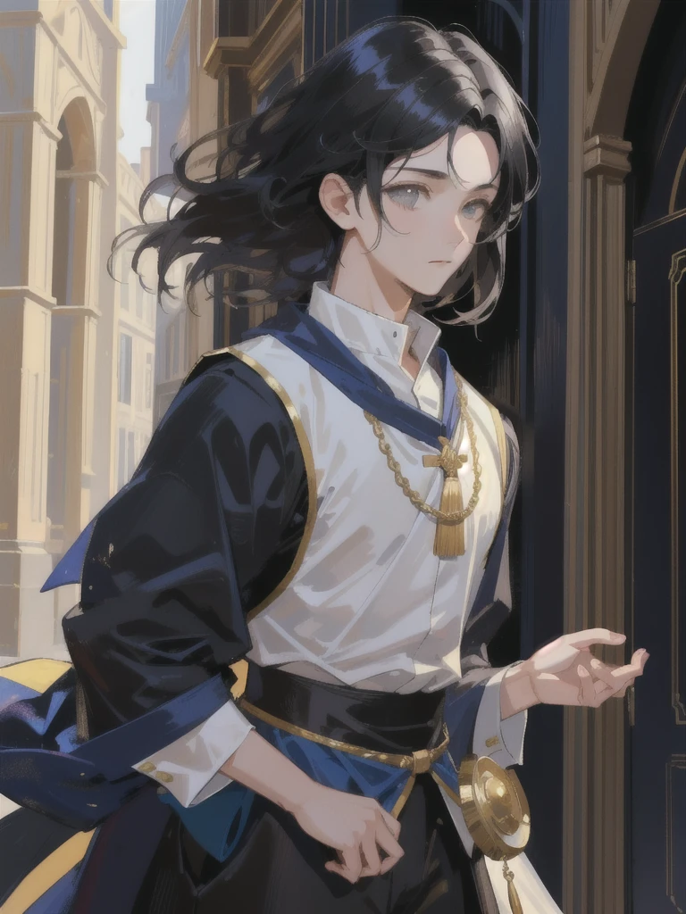 boy with black hair and eyes, calm face, young face, only focus on body and face, calm demeanor, hide hands, medival outfit, renaisans era.