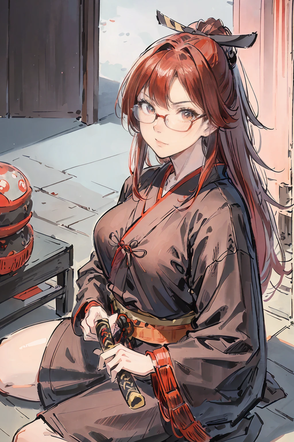 Ninja girl, a red haired , wearing a black sumo armor, long hair, fasion hair, samurai armor, slim body, shirt ornament, hakama, tall 165cm, 22yearold, samurai, katana, female, beautiful, vilian face, wearing glasses