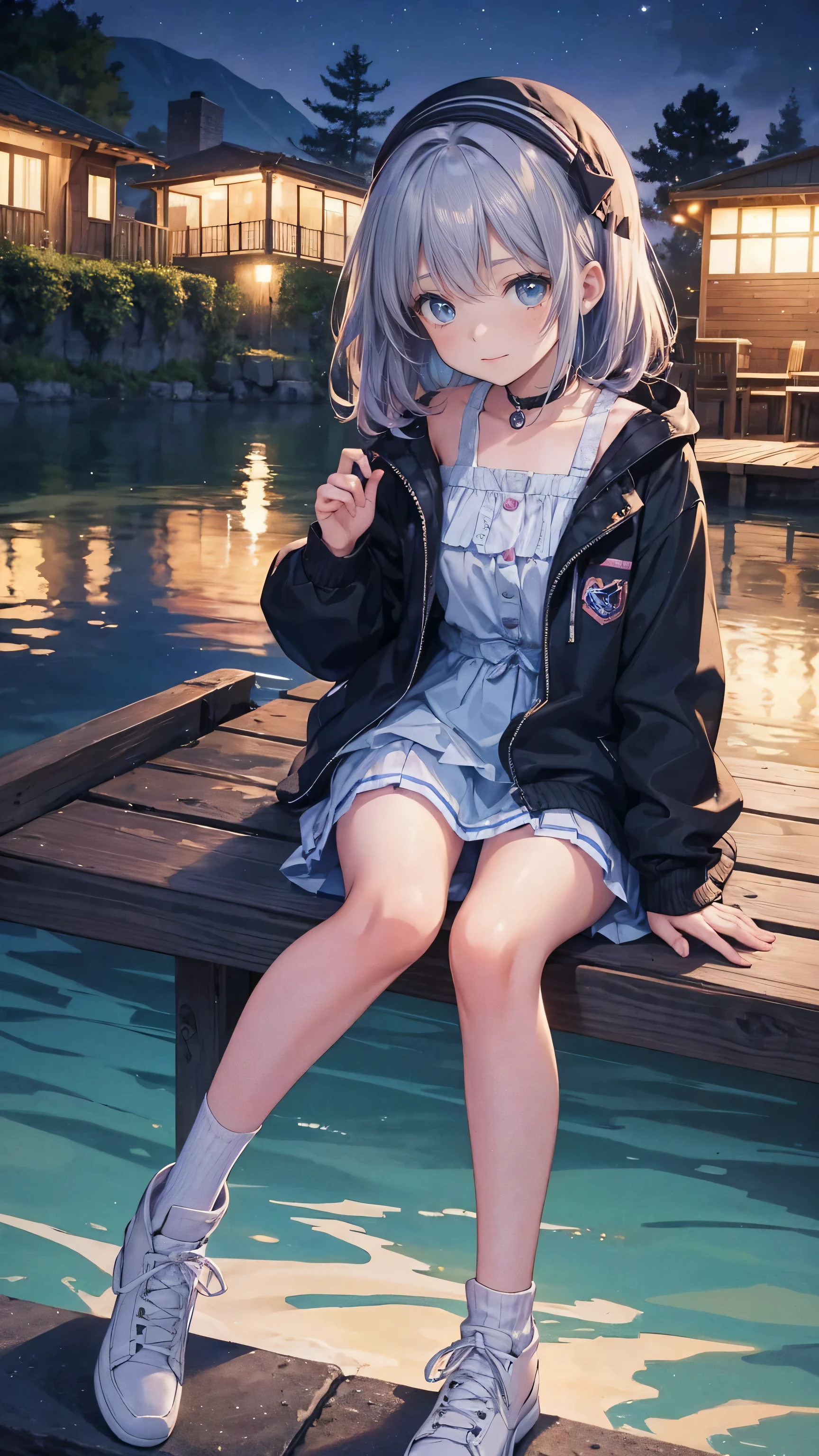 A very cute -yeld gi She came to the lake and is playing by the sea at night.