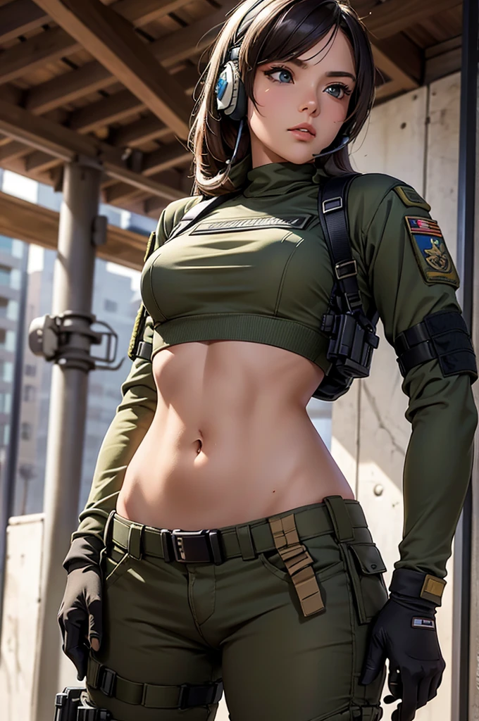 In war, Woman in white holding a rifle and wearing headphones, 24 year old woman, young soldier, mechanized young soldier, Military Girl, beautiful female soldier, Female lead character, Military Girlราบ, Girl's sniper at war, solo female character, Future combat equipment, Half-body close-up, Woman wearing military bulletproof crop top, Show navel, Wear tactical equipment, Wear tactical armor., (realistic navel shape)
