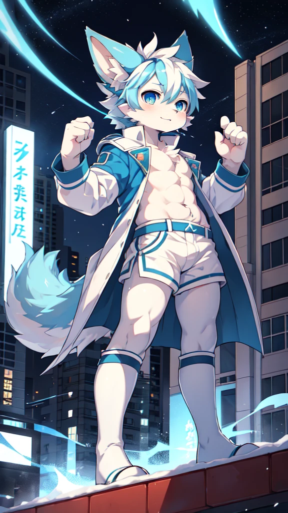 Blue hair，White hair，Blue dragon tail，The end of the tail has white fuzz，hairy，God of Art Super Top Quality, Super detailed, High resolution, Anime cute art style, The best anime, 8k, Kona sauce wallpaper, Pixiv Contest Winners, Perfect anatomical structure, , (Energetic teenager, 13 years old:1.3), High resolution详细的头发，Iris and pupil are well proportioned，Blue pupils，Blue ears，Single，Light blue coat，White shirt，White shorts，White stockings，White boots，night，City，On top of the building，Neon lights，Standing on the roof in a handsome pose