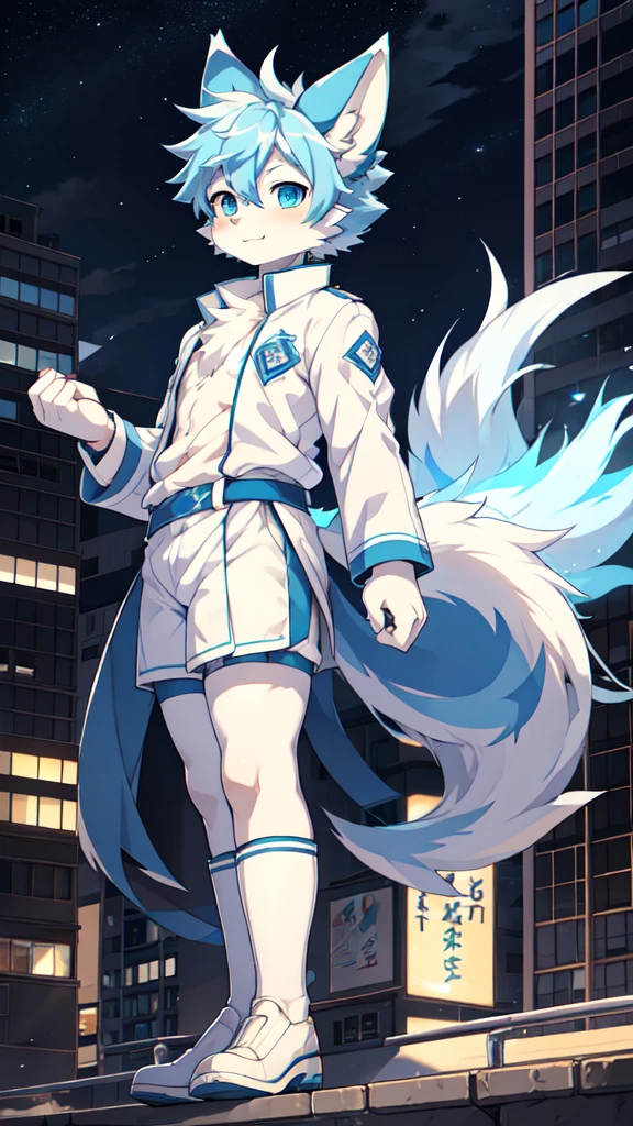 Blue hair,White hair,Blue dragon tail,The end of the tail has white fuzz,hairy,God of Art Super Top Quality, Super detailed, High resolution, Anime cute art style, The best anime, 8k, Kona sauce wallpaper, Pixiv Contest Winners, Perfect anatomical structure, , (Energetic ager, 13 y), High resolution详细的头发,Iris and pupil are well proportioned,Blue pupils,Blue ears,Single,Light blue coat,White shirt,White shorts,White stockings,White boots,night,City,On top of the building,Neon lights,Standing on the roof in a handsome pose