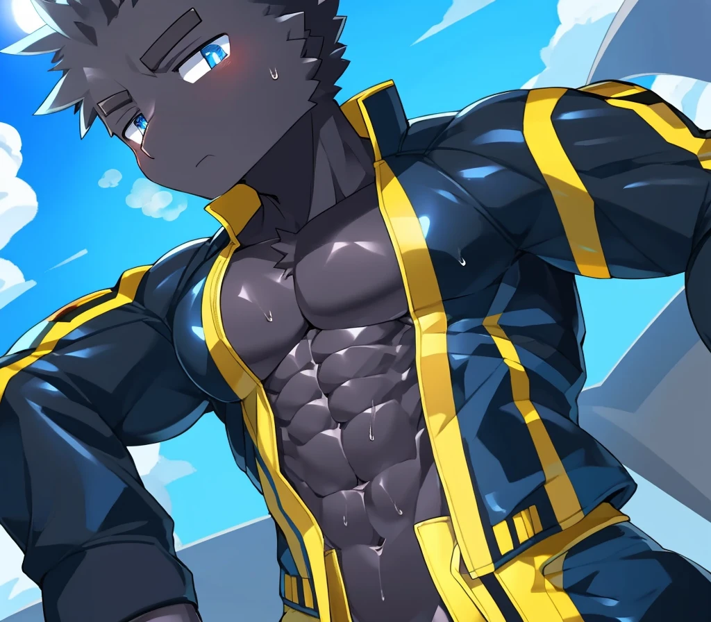 Thin macho western black dragon abs Hollow abs body suit thick arms chest rig 、sweaty skin glow profile Wearily short of breath Chemo shota
have a blue eyes Tired look jacket ガットパンチ ゴーグル