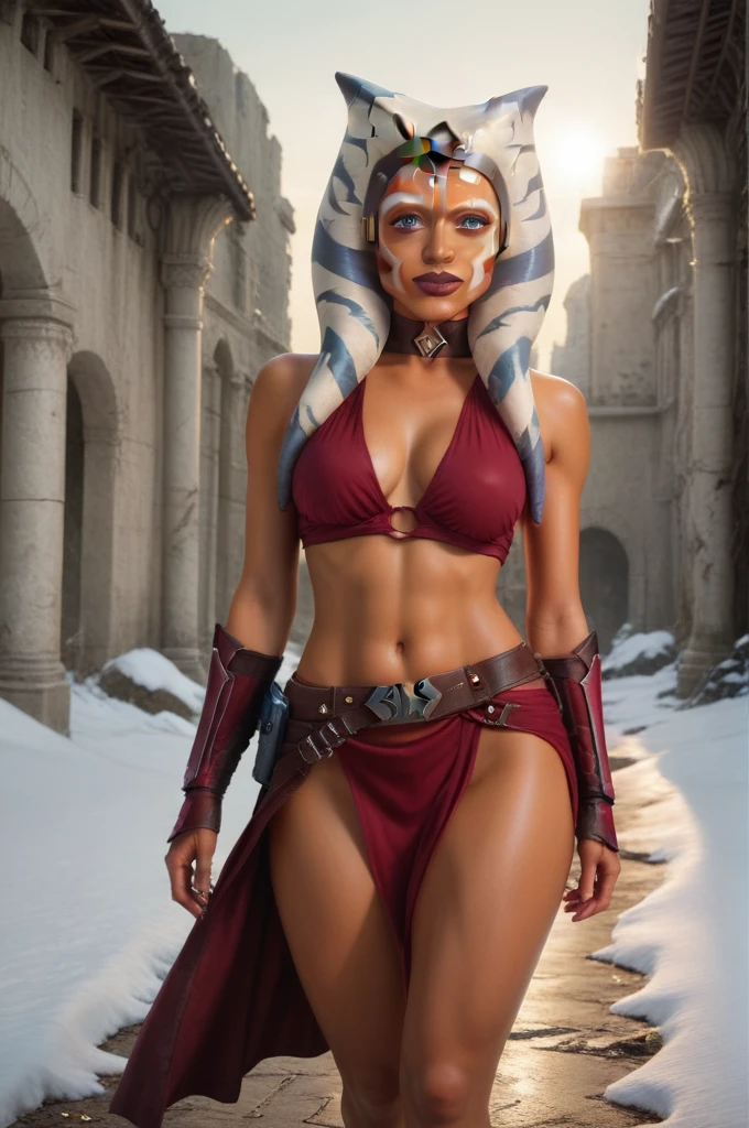 a ((fall body)) ((Ahsoka))) (()) ((Ahsoka))mandalorian,walking on snow coverd ruins , ((green fire eyes )) , beautiful detailed eyes, beautiful detailed lips, extremely detailed face, long eyelashes, mandalorian armor, sci-fi, cinematic lighting, dramatic, epic, intricate details, hyper-realistic, 8k, high-quality, photorealistic