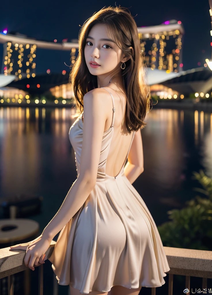 24year old beautiful girl、Beauty、Japanese、Beauty、beautiful girl、slim、Back view、turn around、Highest quality、Realistic、16K、panoramic、((Best Quality, 8k, Masterpiece: 1.3)), 1 girl, full body, slim face, beautiful woman,Only one girl、((Perfect body)))、(masterpiece)、((Highest quality))、(Ultra-detailed)、One girl, Beautiful Korean Girl, Standing in front of the Marina Bay Sands Hotel, Beautiful above-the-knee dress, Detailed face, Detailed eyes, Detailed lips, Long eyelashes, Detailed fingers, Elegant Dresses, Beautiful background, Singapore, Ultra-detailed, 8k, Realistic, Cinema Lighting, Vibrant colors, Fantasy art, masterpiece、Full body、