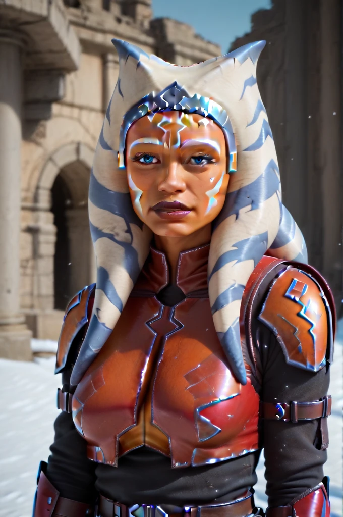 a ((fall body)) ((Ahsoka))) (()) ((Ahsoka))mandalorian,walking on snow coverd ruins , ((green fire eyes )) , beautiful detailed eyes, beautiful detailed lips, extremely detailed face, long eyelashes, mandalorian armor, sci-fi, cinematic lighting, dramatic, epic, intricate details, hyper-realistic, 8k, high-quality, photorealistic
