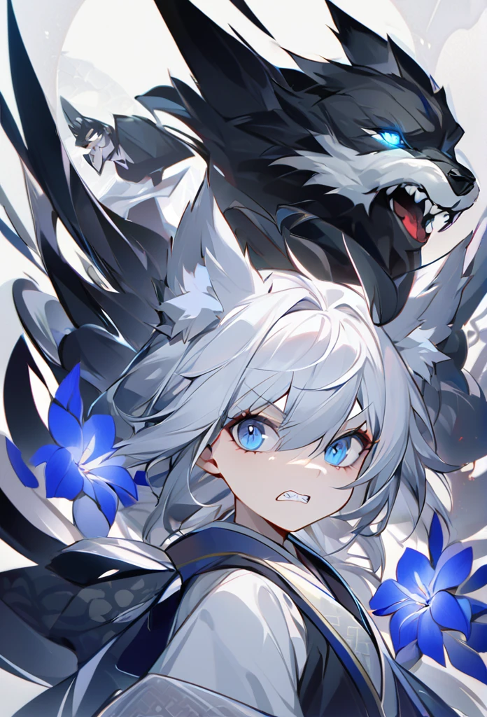 crie painel de Tian guan ci fu donghua,  hybrid character with wolf ears,feminine and dominant gender, Long silver Wolfcut hair just above the shoulder, blue iris eyes,pale skin, serious expression wearing feminine and sophisticated traditional white Chinese hanfu clothes as well as accessories mature appearance. do it very closely with the dark environment and its blue eyes shining with an expression of fury and hatred, grinding its teeth, saying something