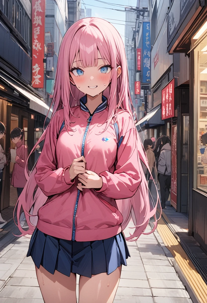((masterpiece,Highest quality:1.3,best quality illustration)),cowboy shot,独奏,1woman,((Mature Beauty)),pink hair,straight long hair,bangs,light blue eyes,(gorgeous eyes),((very small head:1.3)),fun,smile,((very long body:1.2,skinny)),small breasts,((Pink baseball jacket、Navy blue pleated mini skirt)),navy blue sports socks、White sneakers、walk、gleaming skin,oily skin,slender body,sweat,standing,on street,Shibuya Station、