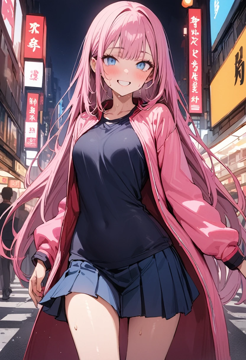 ((masterpiece,Highest quality:1.3,best quality illustration)),cowboy shot,独奏,1woman,((Mature Beauty)),pink hair,straight long hair,bangs,light blue eyes,(gorgeous eyes),((very small head:1.3)),fun,smile,((very long body:1.2,skinny)),small breasts,((Pink baseball jacket、Navy blue pleated mini skirt)),navy blue sports socks、White sneakers、walk、gleaming skin,oily skin,slender body,sweat,standing,on street,Shibuya Station、