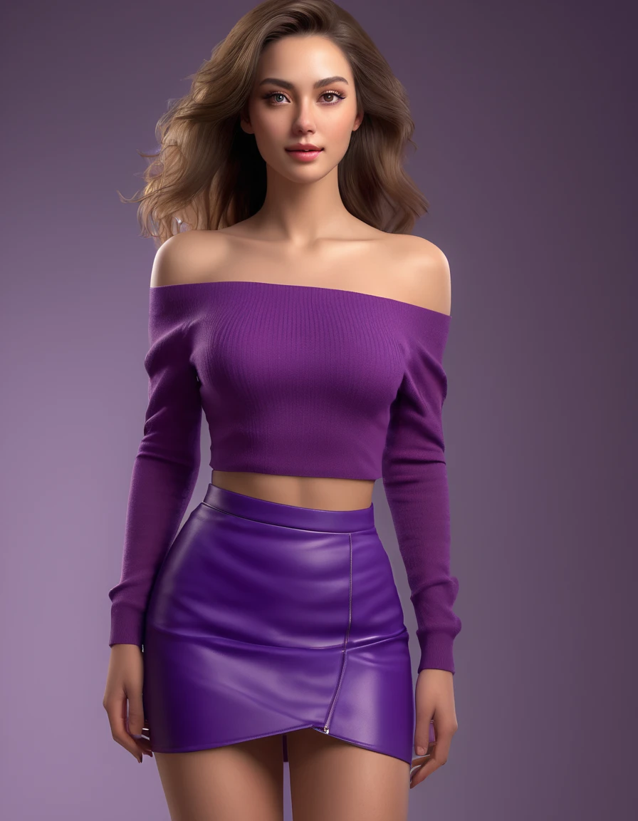 ((best quality)),absurdres,(ultra high res),octane render,(hyperrealistic:1.2), (photorealistic face:1.2), most beautiful woman, sexy purple top, long sleeves, sexy long skirt, bare shoulder, modeling, perfect female body, (realistic:1.7), (8k), (Masterpiece), (realistic skin texture), (studio lighting),(beautiful eyes:1),  