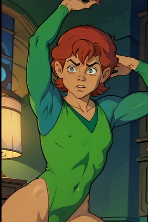a redhead cartoon character dressed in a green leotard, very muscular, a young male wizard, 1980s cartoon, animated episode still, Presto (((mad)))