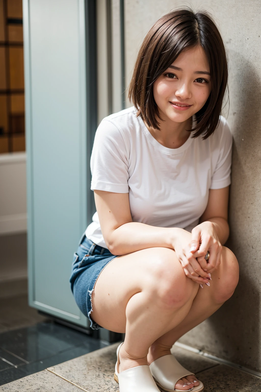 Top quality, 1 beautiful woman, super short Hair, mini skirt , Giddy Smile, Crouching, at school 