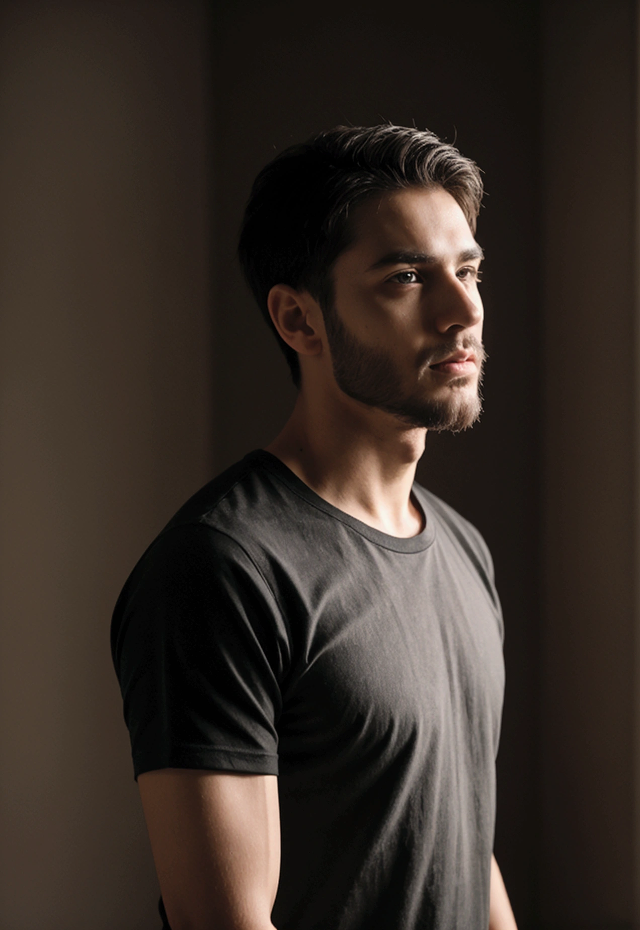 A young 28 year old man, bonitas, charming, athletic body, wearing a black t-shirt tight to the body, super realistico, cinematic effect, her short hair with strong brown highlights, your hair is as short as possible as if you had just cut it, he has a very light and low beard, background with dark environment, good lighting as if it were a scene from a movie, 8k, ultra realisitic, sharp.