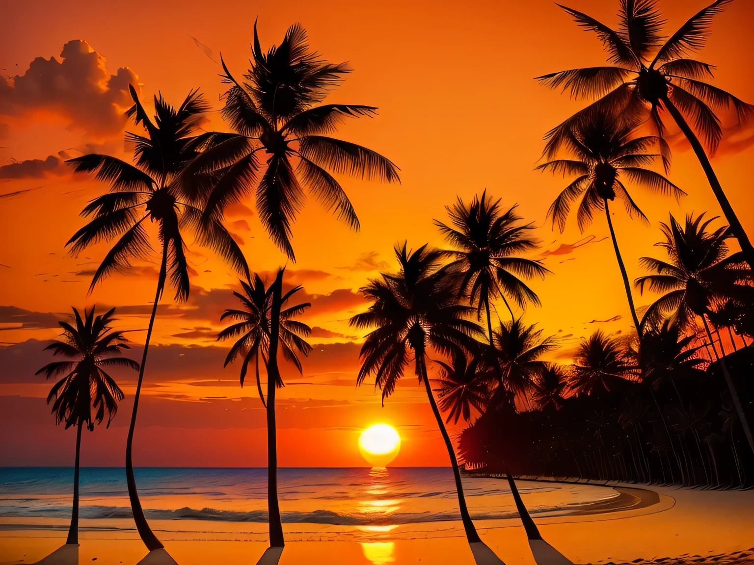 Silhouette of palm trees on the beach against the setting sun, which shows a beach at Sunset, nice Sunset, the most beautiful Sunset, coconut tree, beautiful Sunset, Sunset!!!, Red sun above heaven, gorgeous romantic Sunset, Paradise in the background, summer Sunset, Sunset time, Sunset at the beach, Sunset, stunning Sunset, Sunset view, ((Sunset))