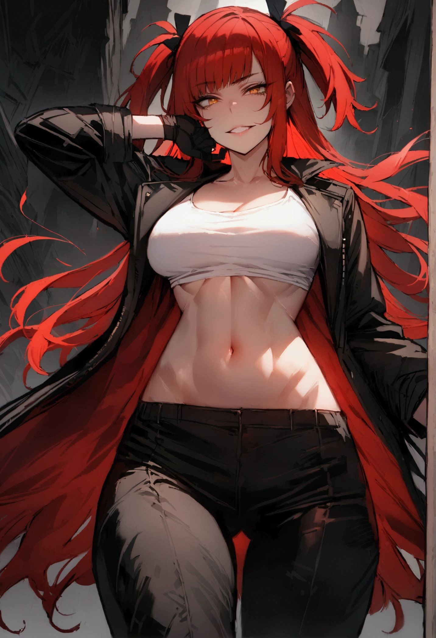 masterpiece, best quality 1girl, solo, beautiful woman, messy bangs, red hair, long hair, hair two side up by black bows , yellow eyes, grin, large , toned stomach, white tank top, long black coat, figureless black gloves, black pants, fantasy looking at viewer