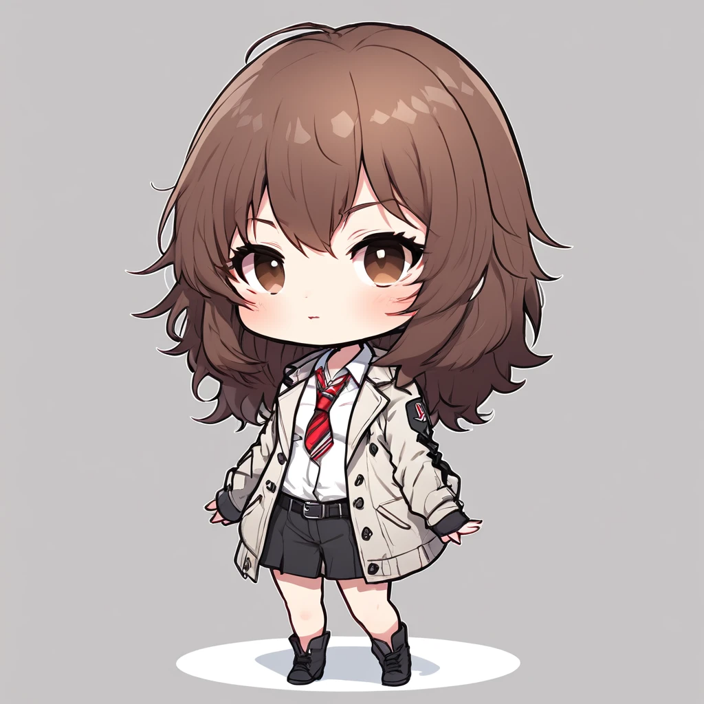 masterpiece, Highest quality, Very detailed,1 girl ,forehead,(chibi:1.4),simple background, full body, standing,parted bangs,((middle part)),short hair,brown hair,black eyes,white shirt,gray jacket,suit