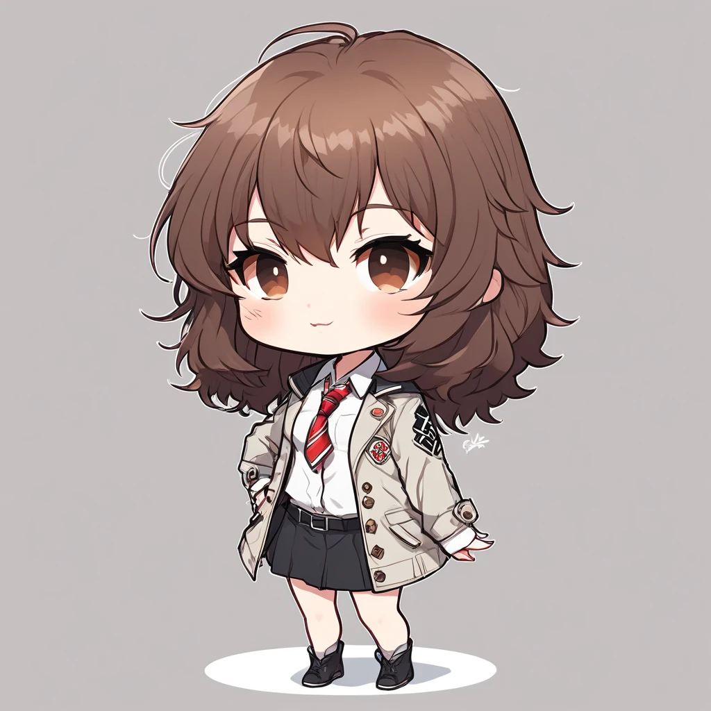 masterpiece, Highest quality, Very detailed,1 girl ,forehead,(chibi:1.4),simple background, full body, standing,parted bangs,((middle part)),short hair,brown hair,black eyes,white shirt,gray jacket,suit