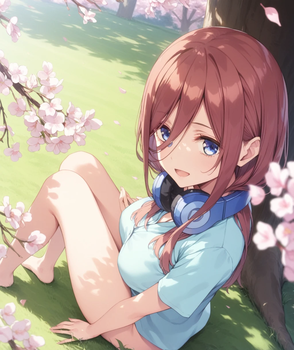 score_9, score_8_up, score_7_up, score_6_up,
uncensored,1girl, miku nakano, long hair, bangs, blue eyes, brown hair, shirt, hair between eyes, large breasts,headphones around neck,full naked,pink nipple,looking at viewer, solo,dating, picnic, (lunchbox:1.1), seat, on seat,outdoors, park, on grass, tree, cherry blossoms, Cherry blossom leaves dancing, sunlight filtering through the trees,
sitting, wariza, hand between legs,
(dutch angle), (from above:1.1),
against tree,
smile, open mouth,
masterpiece, best quality,