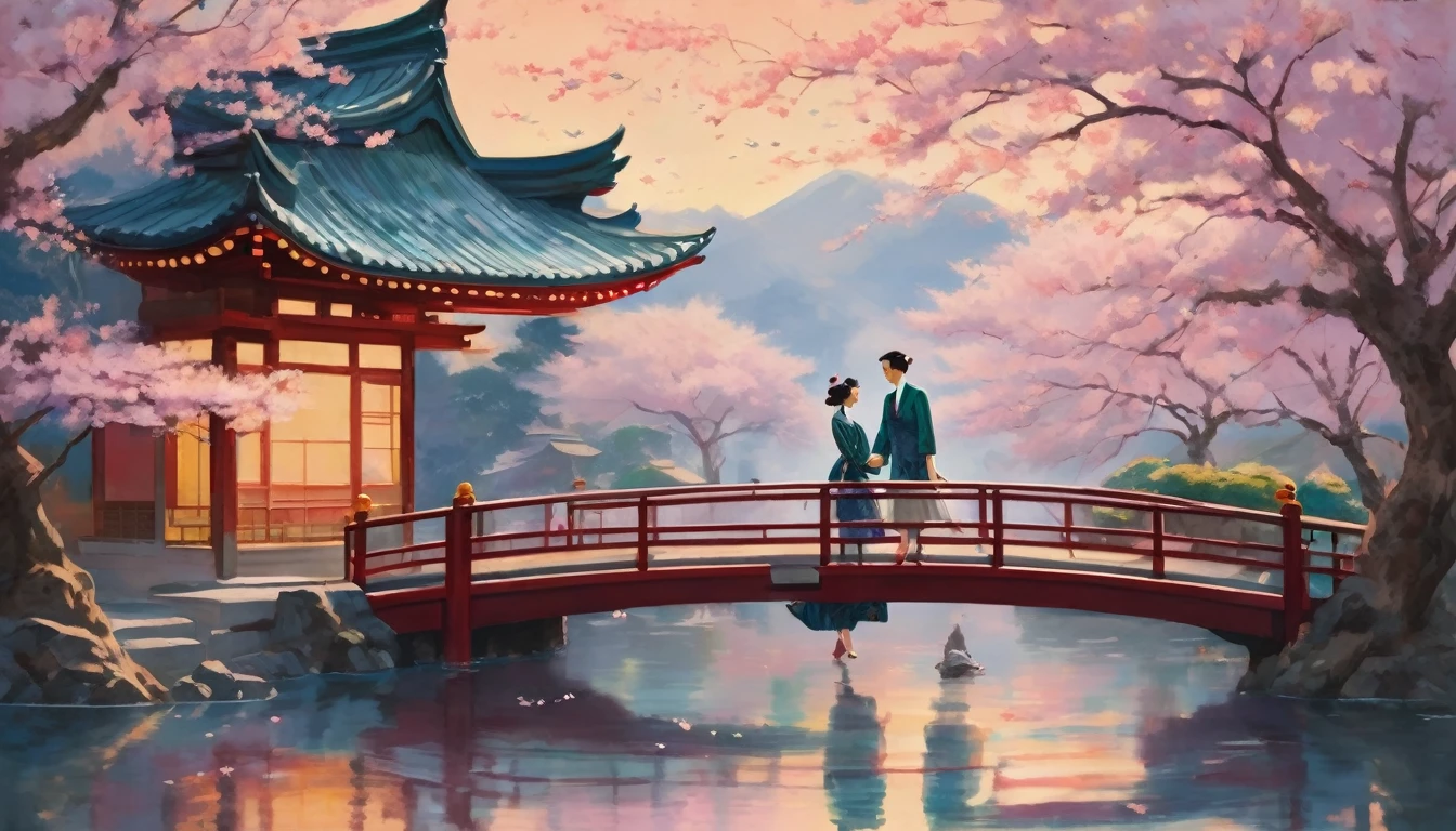 A whimsical, surreal scene depicting a young Japanese couple dressed in elegant 1940s wedding attire, surrounded by floating cherry blossom petals. The background features a dreamlike landscape with soft pastel colors, where traditional Japanese architecture blends with abstract shapes and vibrant patterns. The couple stands on a gently curving bridge, holding hands while oversized, colorful koi fish swim around them in mid-air. A radiant sun casts a golden glow, illuminating their joyful expressions, reminiscent of an oil painting with a touch of impressionism and surrealism, inspired by the works of Chagall and Hokusai.
