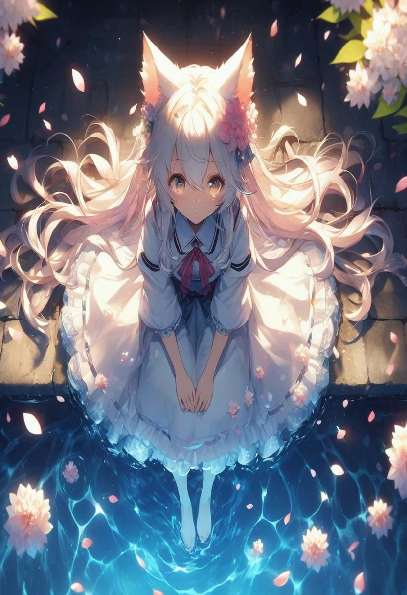 masterpiece, best quality, extremely detailed CG unity 8k wallpaper, An anime illustration from an angle looking down from directly above. Directly below is a white-haired girl with cat ears sitting in the river looking at us. Petals are dancing. Particles of light are dancing throughout. Octane rendering style.