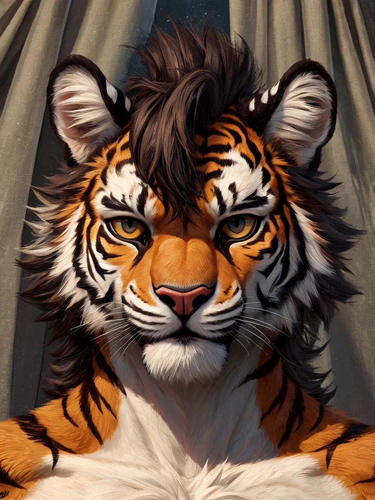 (high quality, highres, masterpiece), male, tiger, seductive, closeup, curtain hairstyle, curtain haircut
