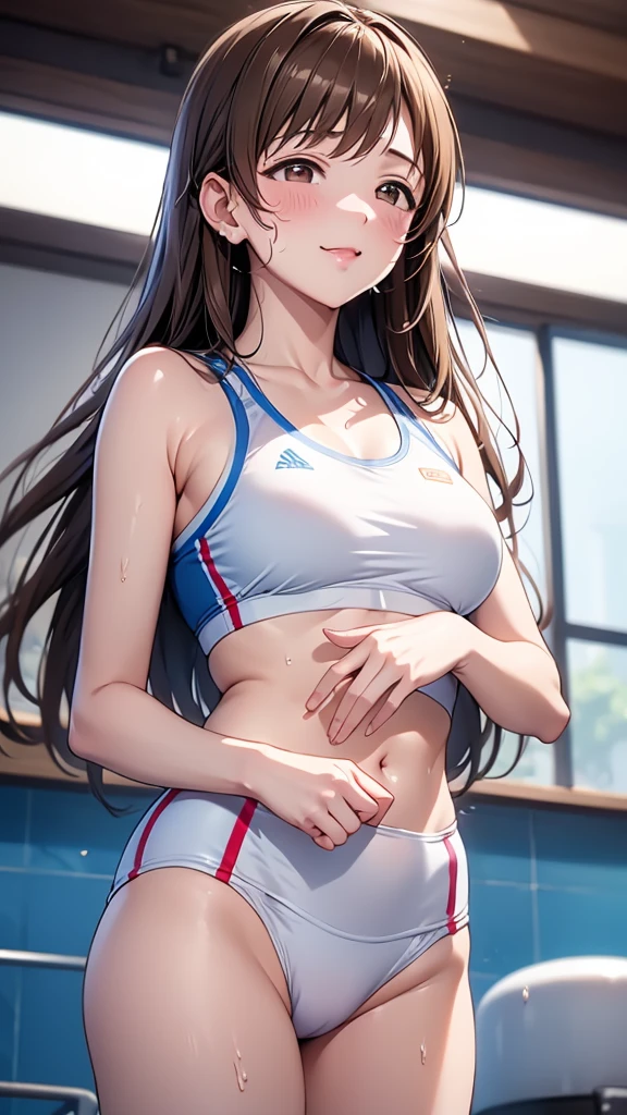 Highest quality、high resolution、High definition、HD、sports gym、(Nitta Minami、Long Hair、Medium chest、Brown Hair、Brown eyes、Glossy lips、virgin、Glowing Skin、Realistic skin texture、Plain white sports bra、Plain white sports leggingassive sweat stains in the crotch、Sweat shows through the skin)、Love me、blush、Open your mouth、smile)、(Top view)