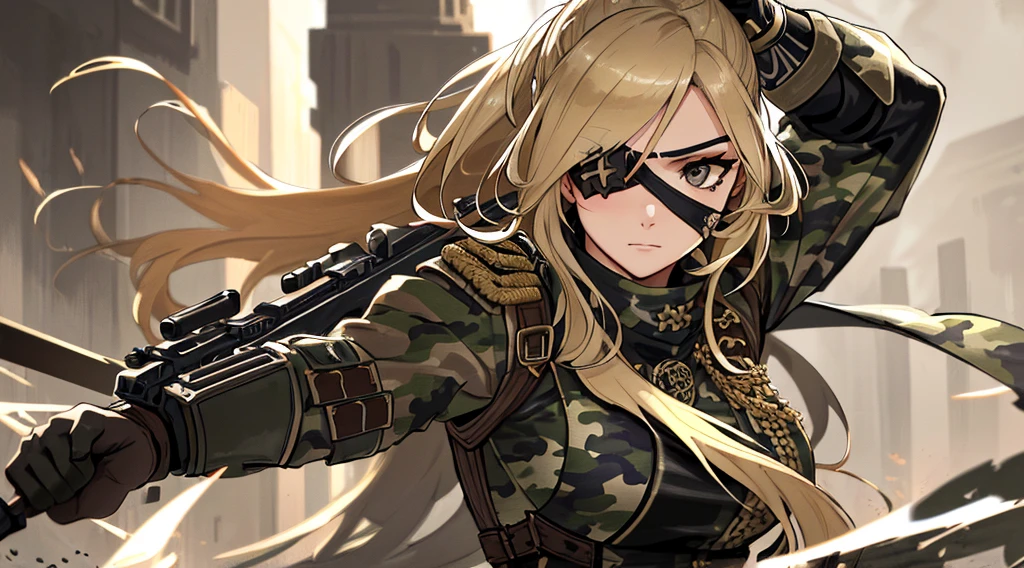 A strikingly alluring female warrior with flowing blonde hair, piercing brown eyes, and a sleek black eye patch covering her right eye, clad in intricately detailed camouflage military attire. This vibrant character portrait exudes a sense of strength and mystery, captured in a hyper-realistic digital painting. The intricate details of her outfit, from the intricate patterns of the camouflage to the subtle shading of her eye patch, are rendered with impeccable precision. The overall composition is dynamic and engaging, drawing the viewer in with its captivating depiction of a fierce and enigmatic warrior.