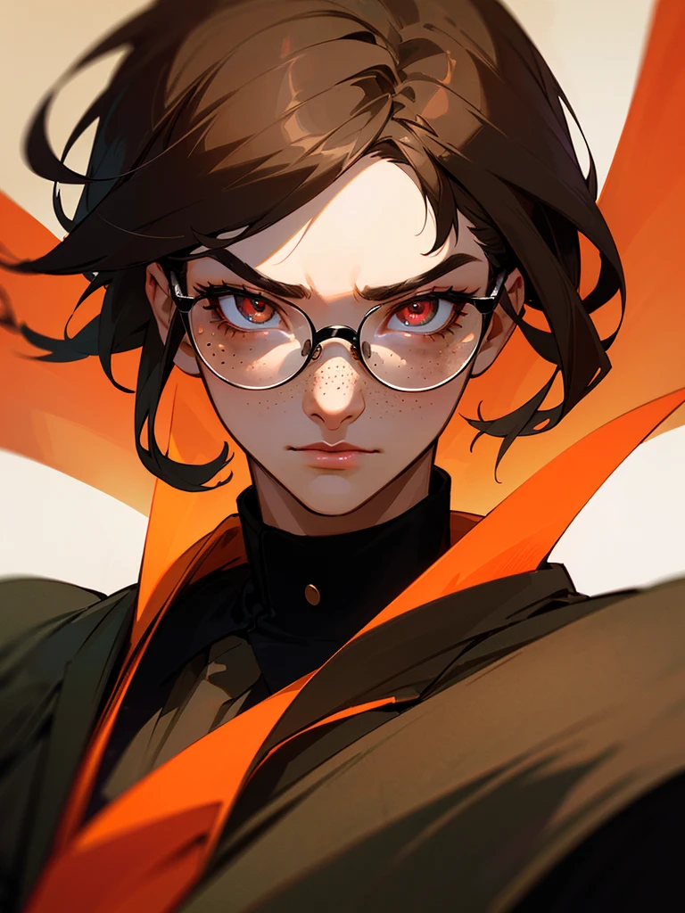 (stunning masterpiece:1.4), (top-tier quality:1.4), (unbelievably high-resolution:1.2), (1 male), with vibrant black hair, freckles on his face, and captivating brown and black multicolored eyes. He is dressed in a stylish red and black outfit:1.2), wear glasses, light brown skin
