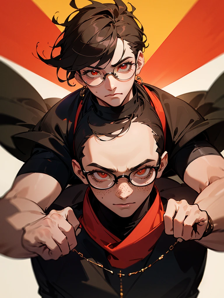 (stunning masterpiece:1.4), (top-tier quality:1.4), (unbelievably high-resolution:1.2), (1 fierce male), with vibrant black hair, freckles on his face, and captivating brown and black multicolored eyes. He is dressed in a stylish red and black outfit:1.2), wear glasses, light brown skin