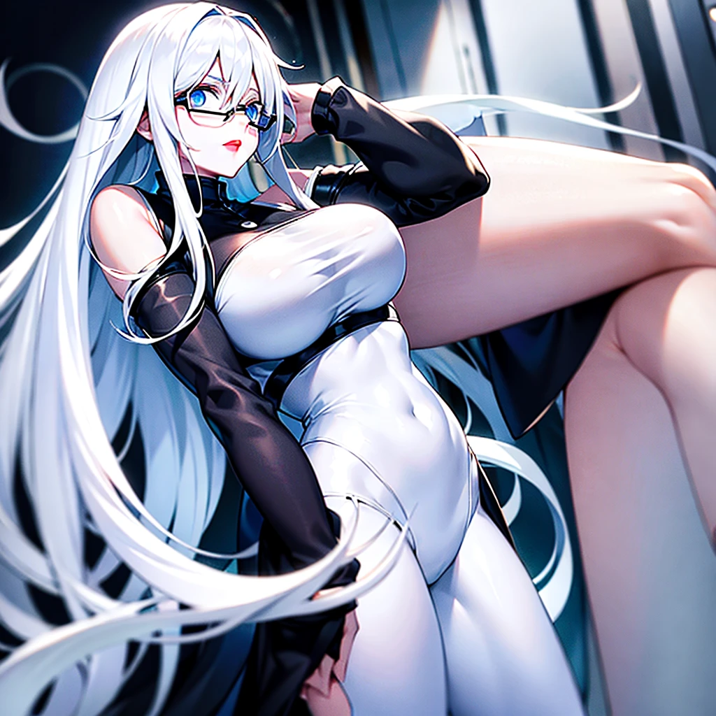 Long white hair white skin dull blue eyes a black glasses wearing white sweeter with big breasts
