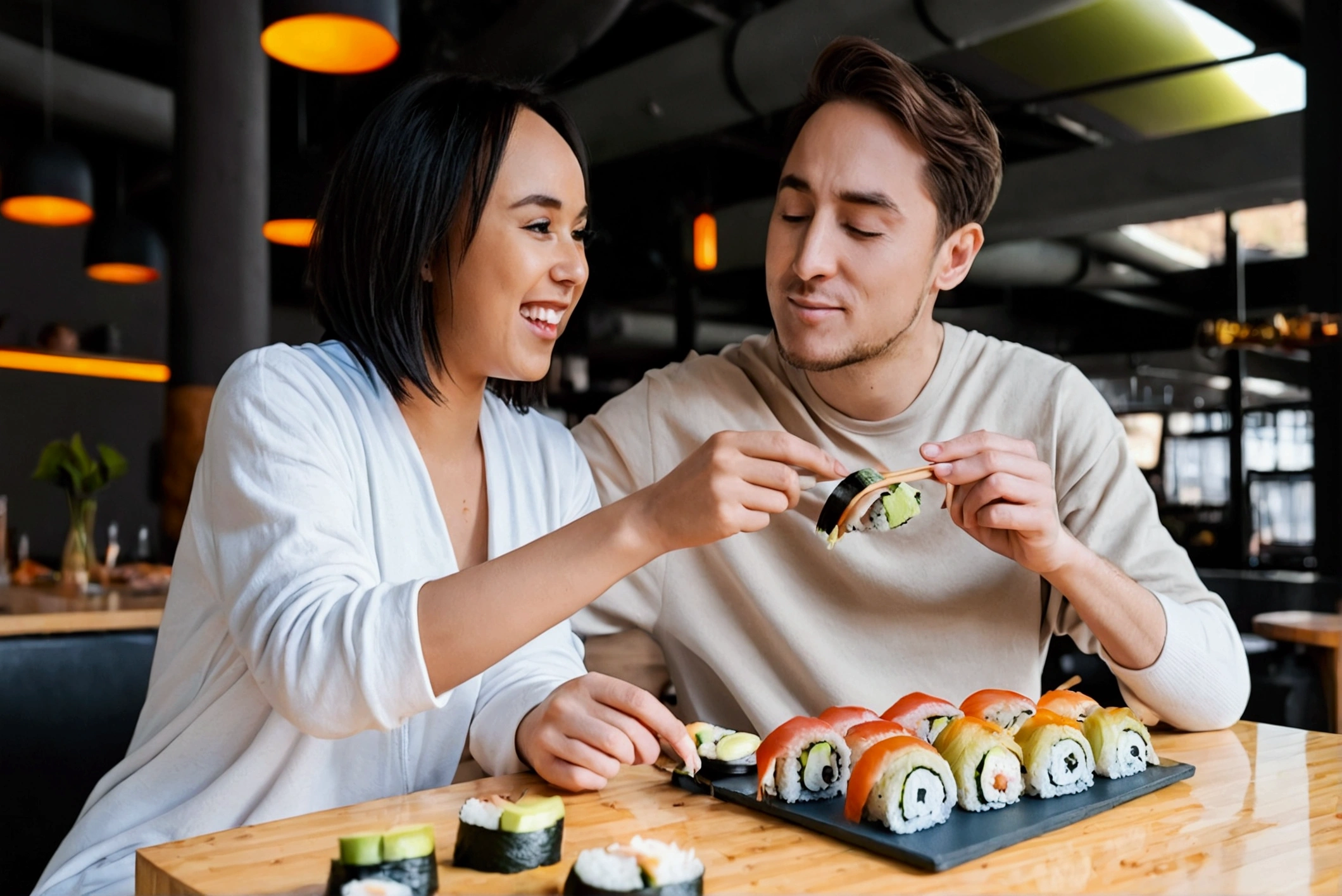 Girlfriend feeding boyfriend sushi, shy, in love, across from each other