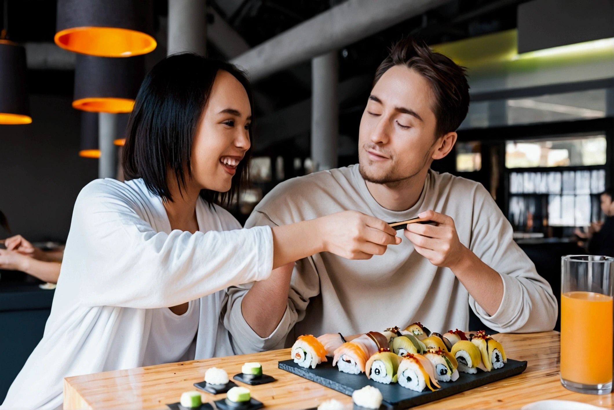 Girlfriend feeding boyfriend sushi, shy, in love, across from each other