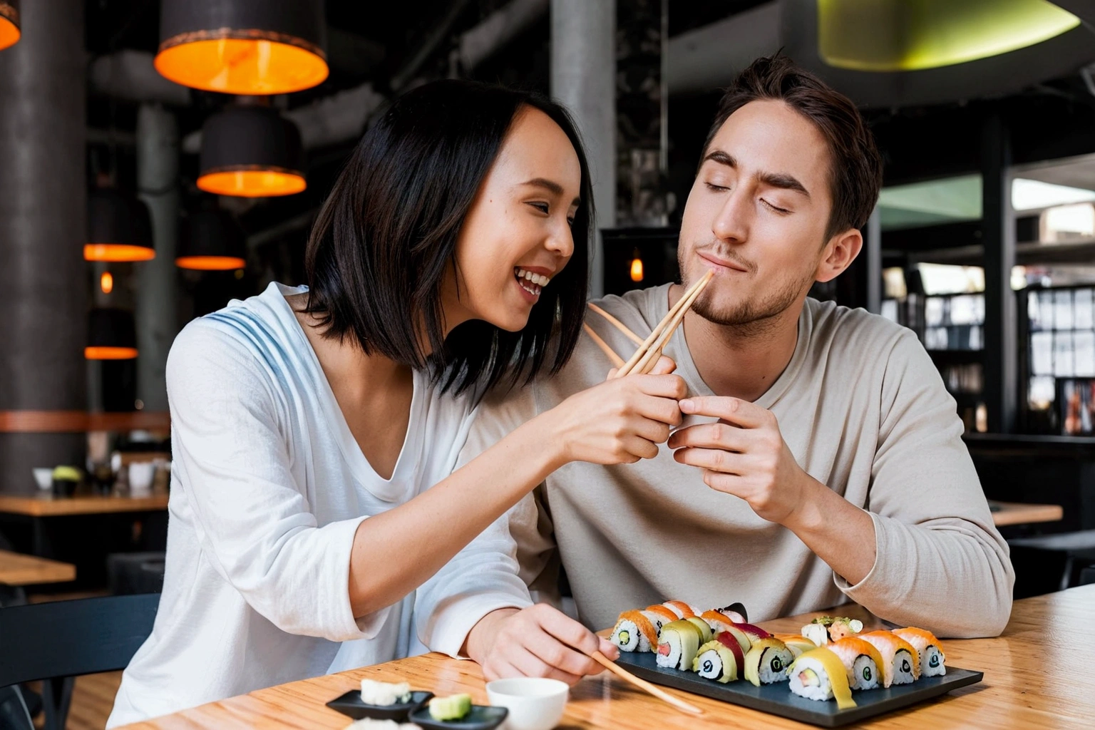 Girlfriend feeding boyfriend sushi, shy, in love, across from each other