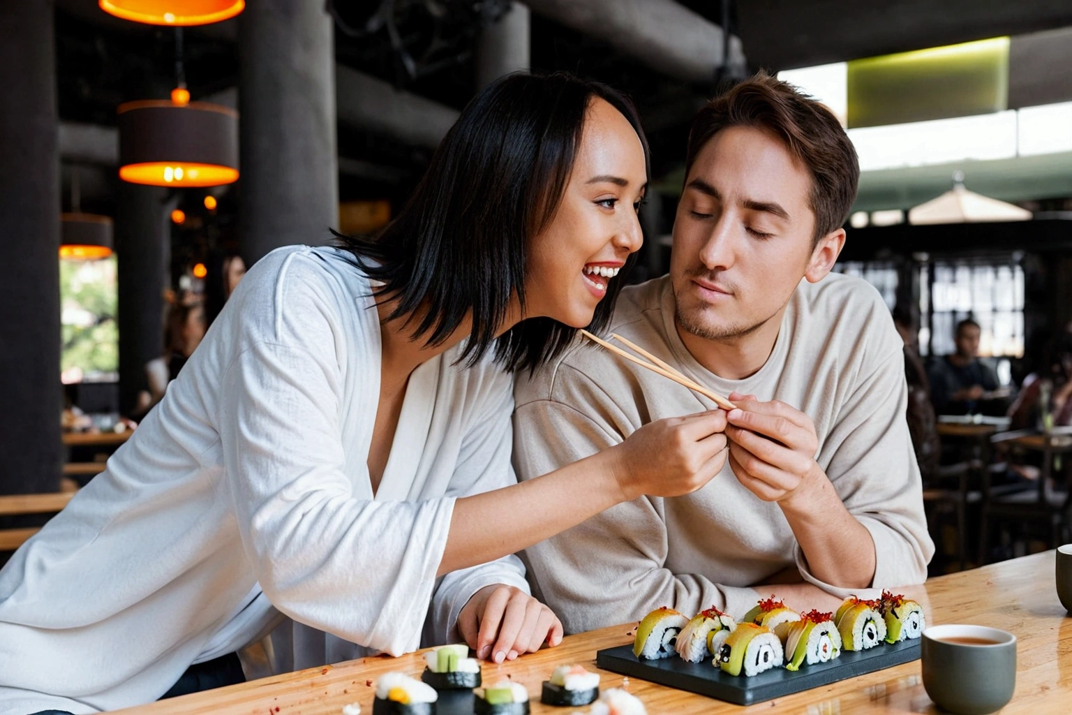 Girlfriend feeding boyfriend sushi, shy, in love, across from each other